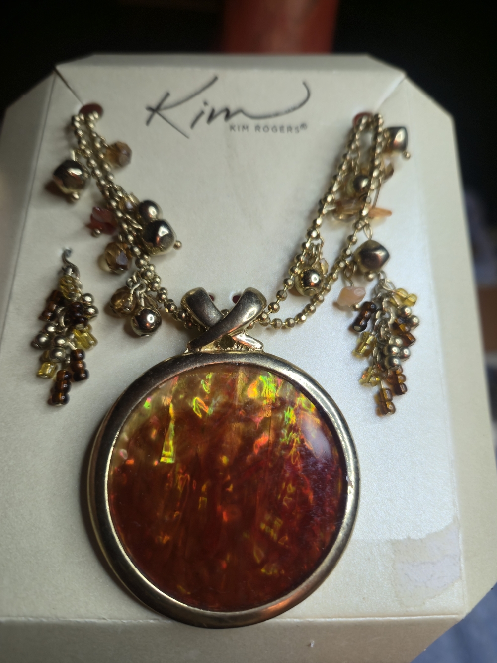 Kim Rogers Gold-Tone Orange Iridescent Pendant Necklace & Earrings Set